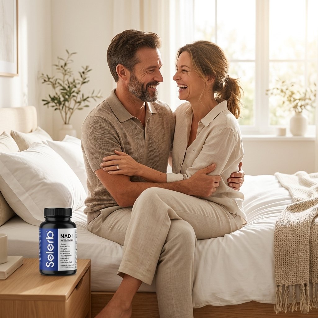 Pareja madura feliz - vitalidad y energia con NAD+ Men Complex