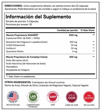 Suplemento NAD+ para Mujeres – Energía Celular, Piel Radiante y Renovación | 60 Cápsulas